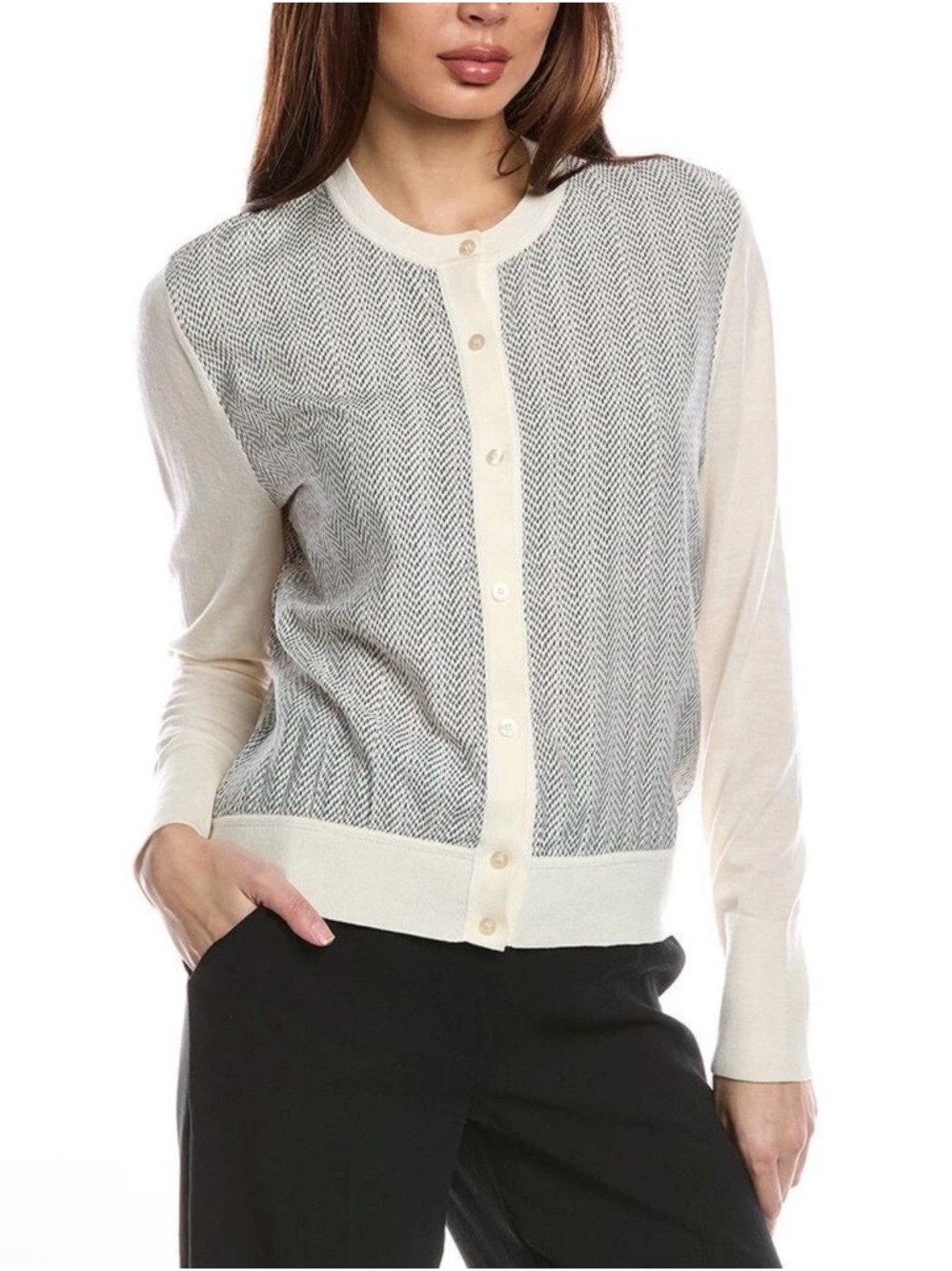 Hugo Boss Cream and Gray Herringbone Button-Front Cardigan size S